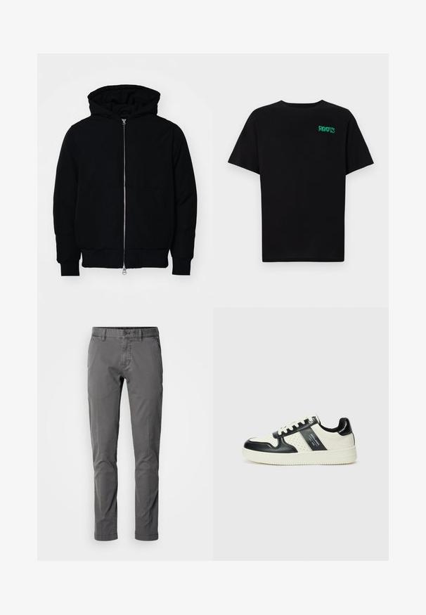 Czarna kurtka z kapturem, z suwakiem z przodu, kieszenią kangurką, ściągaczami przy mankietach i dolnym brzegu, prezentowana na jednolitym białym tle.; Czarna koszulka z bawełny z krótkim rękawem. Posiada zielone logo "ROOTS" z przodu, okrągły dekolt i standardowy krój.; Dopasowane szare spodnie bawełniane z zapięciem na guzik, kieszeniami bocznymi i gładką fakturą. Posiadają klasyczny design i dopasowaną sylwetkę.; Skórzane sneakersy w czarno-kremowym schemacie kolorystycznym, z perforowanymi akcentami, wyściełanym kołnierzem i teksturowaną podeszwą.