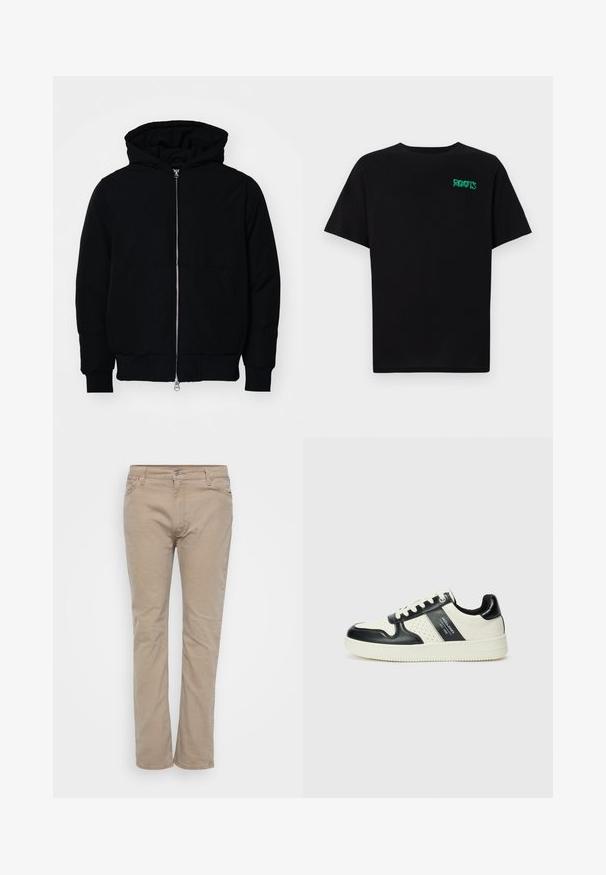 Svart huoodiejacka med framdragkedja, känguruficka, ribbade ärmslut och nederkant, uppställd mot en vit bakgrund.; Svart t-shirt i bomull med korta ärmar. Har en grön "ROOTS" logotyp på framsidan, rund halsringning och standard passform.; Beige bomullsbyxor med rak bendesign, med dragkedja, bältesöglor och subtila sömnadsdetaljer. Slät textur över hela byxan.; Läder sneakers med en svart och krämfärgad färgsättning, med perforerade detaljer, en vadderad krage och en strukturerad yttersula.