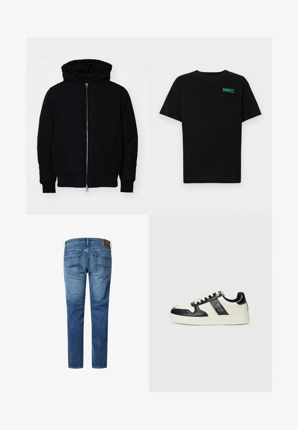 Chaqueta negra con capucha, cierre frontal, bolsillo tipo canguro, y puños y dobladillo acanalados, exhibida sobre un fondo blanco liso.; Camiseta negra de algodón con mangas cortas. Presenta un logo verde "ROOTS" en el frente, escote redondo y corte estándar.; Vaqueros de mezclilla azul con corte recto, que cuentan con dos bolsillos traseros, un ligero desvanecimiento y un parche de cuero marrón en la cintura.; Zapatillas de cuero con un esquema de colores negro y crema, que cuentan con acentos perforados, un collar acolchado y una suela texturizada.