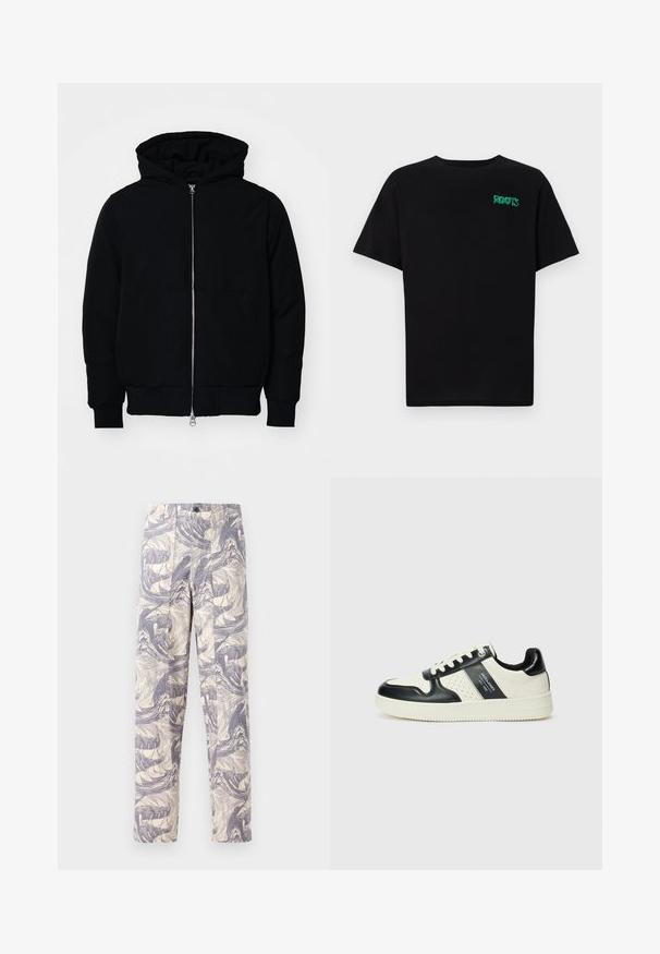 Črna kapuca jakna s sprednjim zadrgo, kenguru žepom, rebrastimi manšetami in hemom, razstavljena na enostavni beli ozadju.; Črna majica iz bombaža z kratkimi rokavi. Na sprednji strani ima zeleno logotip "ROOTS", okroglo ovratnico in standardno prileganje.; Lahki, kremne hlače z modrim abstraktnim valovnim vzorcem. Imajo ravno prileganje, z dvema sprednjima gubama in zaponko na gumb.; Usnjeni športni čevlji z črno in krem barvno shemo, ki vključujejo perforirane dodatke, podložen ovratnik in strukturirano podplat.
