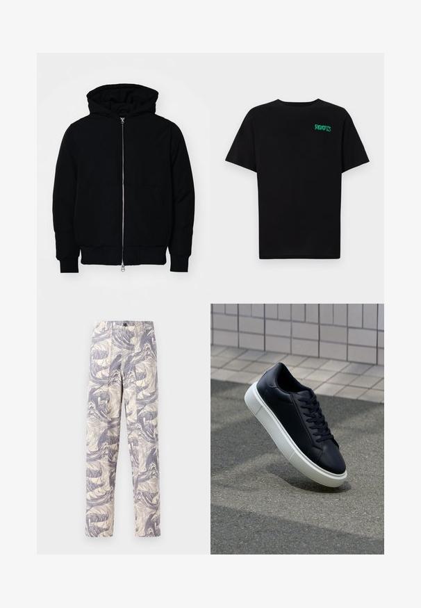 Veste à capuche noire avec fermeture éclair sur le devant, poche kangourou, poignets et ourlet côtelés, présentée sur un fond blanc uni.; T-shirt noir en coton à manches courtes. Présente un logo "ROOTS" vert sur le devant, un col rond et une coupe standard.; Pantalons en crème légers présentant un motif de vagues abstraites bleues. Ils ont une coupe droite, avec deux plis à l'avant et une fermeture à bouton.; Baskets noires en cuir avec bout arrondi et semelle en caoutchouc blanc. Elles présentent des lacets plats et une couture minimale sur la tige. Semelle texturée pour une bonne adhérence.