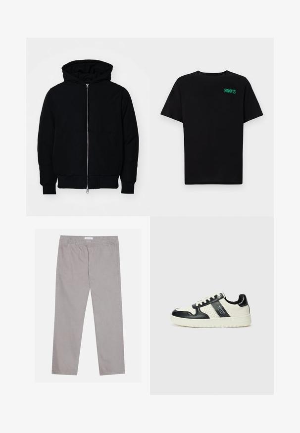 Črna kapuca jakna s sprednjim zadrgo, kenguru žepom, rebrastimi manšetami in hemom, razstavljena na enostavni beli ozadju.; Črna majica iz bombaža z kratkimi rokavi. Na sprednji strani ima zeleno logotip "ROOTS", okroglo ovratnico in standardno prileganje.; Svjetlosive pamučne hlače s elastičnom pogačicom, dva bočna džepa, ravni kroj nogavica i glatka tekstura. Jednostavni detalj šivanja.; Usnjeni športni čevlji z črno in krem barvno shemo, ki vključujejo perforirane dodatke, podložen ovratnik in strukturirano podplat.