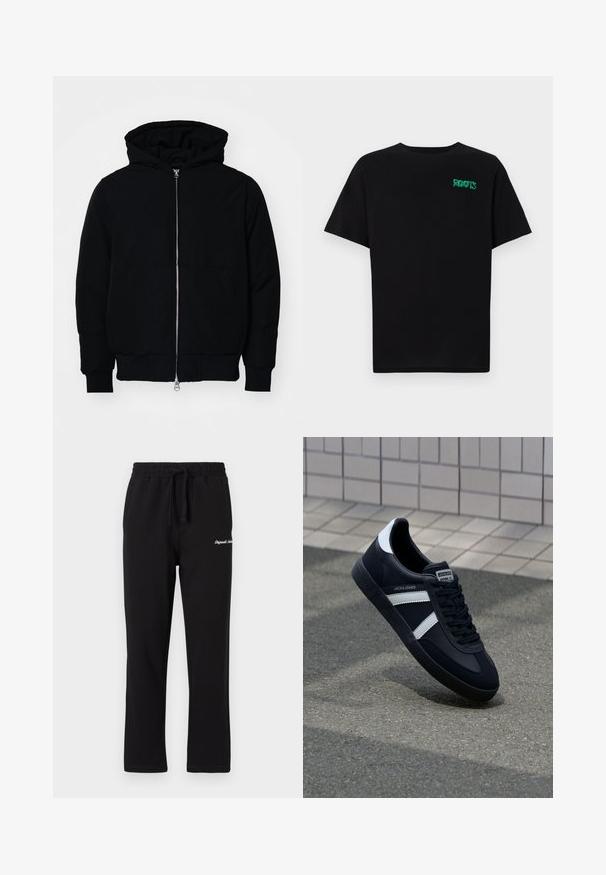 Zwarte hoodie met rits aan de voorkant, kangoeroe-pocket, geribbelde manchetten en zoom, weergegeven op een effen witte achtergrond.; Zwarte T-shirt van katoen met korte mouwen. Heeft een groen "ROOTS" logo op de voorkant, een ronde halslijn en een standaard pasvorm.; Zwarte sweatpants met een elastische tailleband en verstelbaar trekkoord. Kenmerken zijn een geborduurd logo op de bovenbeen en een recht model.; Zwarte leren sneaker met witte strepen, een gestructureerde rubberen zool en vetersluiting aan de voorkant. Voorzien van een merklabel op de tong.