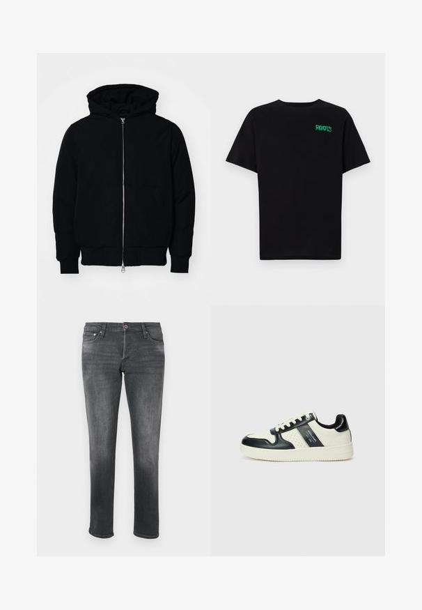 Chaqueta negra con capucha, cierre frontal, bolsillo tipo canguro, y puños y dobladillo acanalados, exhibida sobre un fondo blanco liso.; Camiseta negra de algodón con mangas cortas. Presenta un logo verde "ROOTS" en el frente, escote redondo y corte estándar.; Jeans de mezclilla gris con corte recto, que presentan un cierre de botón, diseño de cinco bolsillos y variaciones sutiles en la textura.; Zapatillas de cuero con un esquema de colores negro y crema, que cuentan con acentos perforados, un collar acolchado y una suela texturizada.