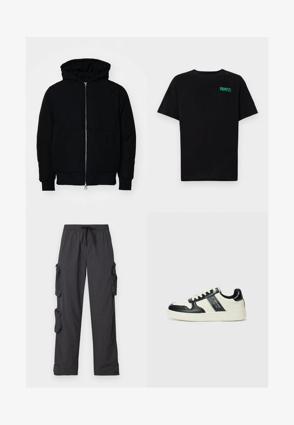 Black hooded jacket with front zipper, kangaroo pocket, ribbed cuffs, and hem, displayed on a plain white background.; Black t-shirt made of cotton with short sleeves. Features a green "ROOTS" logo on the front, round neckline, and standard fit.; Black cargo pants made of lightweight fabric with an elastic waistband, adjustable drawstring, multiple side pockets, and cuffed hems.; Leather sneakers with a black and cream color scheme, featuring perforated accents, a padded collar, and a textured outsole.