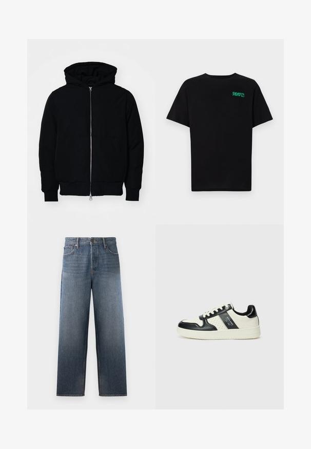 Czarna kurtka z kapturem, z suwakiem z przodu, kieszenią kangurką, ściągaczami przy mankietach i dolnym brzegu, prezentowana na jednolitym białym tle.; Czarna koszulka z bawełny z krótkim rękawem. Posiada zielone logo "ROOTS" z przodu, okrągły dekolt i standardowy krój.; Dżinsy w średnim niebieskim kolorze o prostym kroju, z pięcioma kieszeniami, zapięciem na guzik i zamek błyskawiczny oraz subtelnymi efektami wyblaknięcia.; Skórzane sneakersy w czarno-kremowym schemacie kolorystycznym, z perforowanymi akcentami, wyściełanym kołnierzem i teksturowaną podeszwą.
