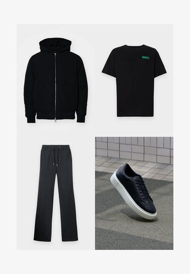 Svart huoodiejacka med framdragkedja, känguruficka, ribbade ärmslut och nederkant, uppställd mot en vit bakgrund.; Svart t-shirt i bomull med korta ärmar. Har en grön "ROOTS" logotyp på framsidan, rund halsringning och standard passform.; Svarta vida byxor tillverkade av mjukt tyg. Har ett elastiskt midjeband med dragsko och en subtil glans. Inga synliga mönster eller accenter.; Svart lädersneaker med rundad tå och vit gummisula. Har platta snören och minimal sömnad på ovansidan. Texturerad sula för grepp.