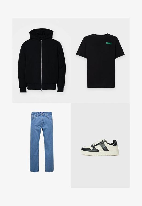 Black hooded jacket with front zipper, kangaroo pocket, ribbed cuffs, and hem, displayed on a plain white background.; Black t-shirt made of cotton with short sleeves. Features a green "ROOTS" logo on the front, round neckline, and standard fit.; Light blue denim jeans with a straight leg design, five pockets, and a button closure. Features a textured fabric and classic stitching.; Leather sneakers with a black and cream color scheme, featuring perforated accents, a padded collar, and a textured outsole.