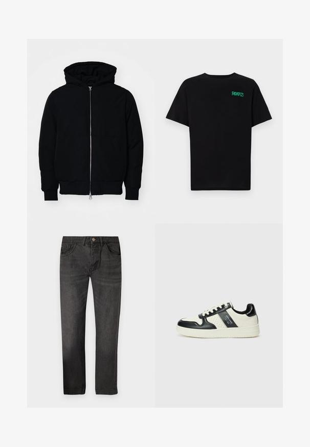 Chaqueta negra con capucha, cierre frontal, bolsillo tipo canguro, y puños y dobladillo acanalados, exhibida sobre un fondo blanco liso.; Camiseta negra de algodón con mangas cortas. Presenta un logo verde "ROOTS" en el frente, escote redondo y corte estándar.; Jeans de mezclilla negra con corte recto, cinco bolsillos y cremalleras. La tela tiene una textura suave con un ligero efecto desgastado.; Zapatillas de cuero con un esquema de colores negro y crema, que cuentan con acentos perforados, un collar acolchado y una suela texturizada.