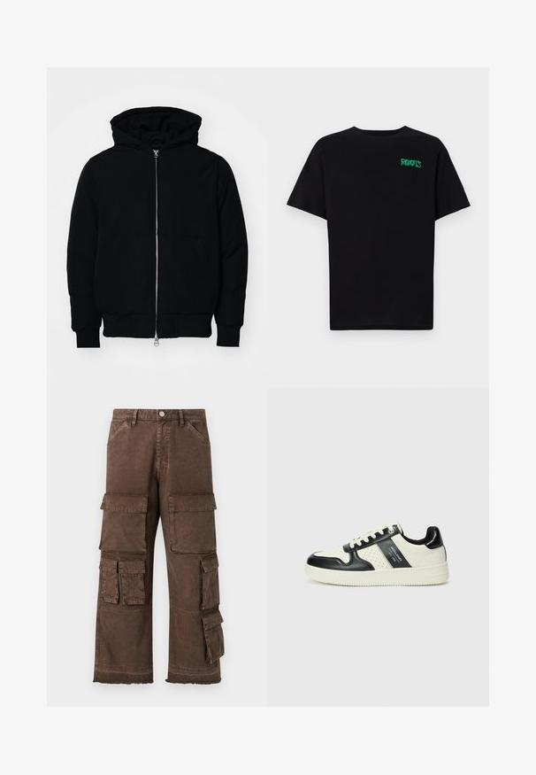 Mustaga kapuutsiga jakk, millel on esineed, kenguru tasku, soonikkoes, ja alläär, esitatud lihtsal valgel taustal.; Must t-särk, mis on valmistatud puuvillast, lühikeste varrukatega. Esipaneelil on roheline "ROOTS" logo, ümmargune kaelus ja tavapärane lõige.; Pruunid cargo püksid, millel on lõtv lõige, mitmed küljetaskud ja narmastega äär. Valmistatud vastupidavast, tekstuuriga kangast vastupidavuse tagamiseks.; Nahatud nahkkingad musta ja kreemi värviskeemiga, millel on perforeeritud aktsendid, pehme krae ja tekstureeritud tallad.