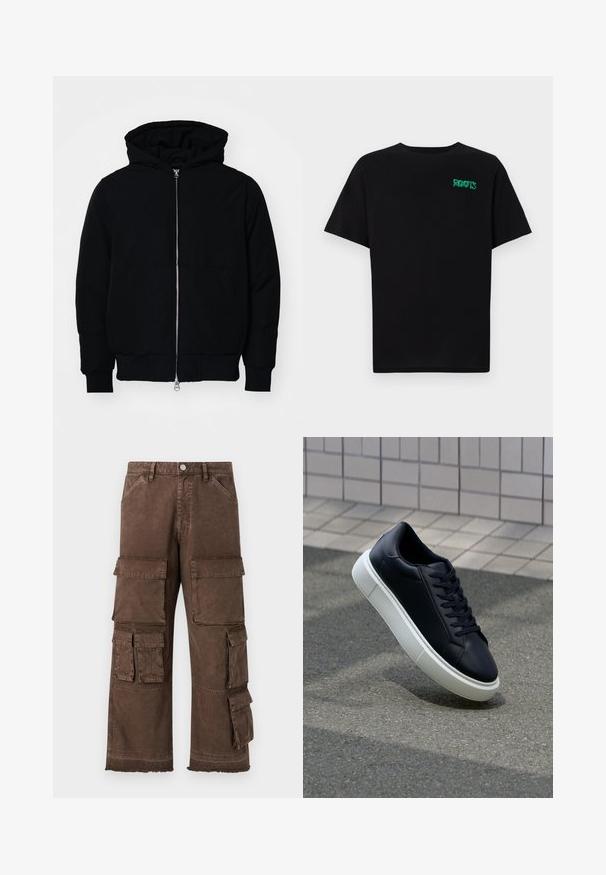 Mustat huppu-untuvatakki, jossa on vetoketju edessä, kenguru-tasku, ribatut hihansuut ja helma, esillä yksinkertaisella valkoisella taustalla.; Mustat t-paidat, jotka on valmistettu puuvillasta ja joissa on lyhyet hihat. Edessä vihreä "ROOTS"-logo, pyöreä kaula-aukko ja normaali istuvuus.; Ruskeat cargo-housut, joissa on väljä istuvuus, useita sivutaskuja ja repaleinen helma. Valmistettu kestävästä, tekstuuripintaista kankaasta.; Mustat nahkakengät, joissa on pyöristetty kärki ja valkoinen kumipohja. Varusteena litteät nauhat ja minimaalinen ommel ylhäällä. Teksturoitu pohja pitävyyden lisäämiseksi.