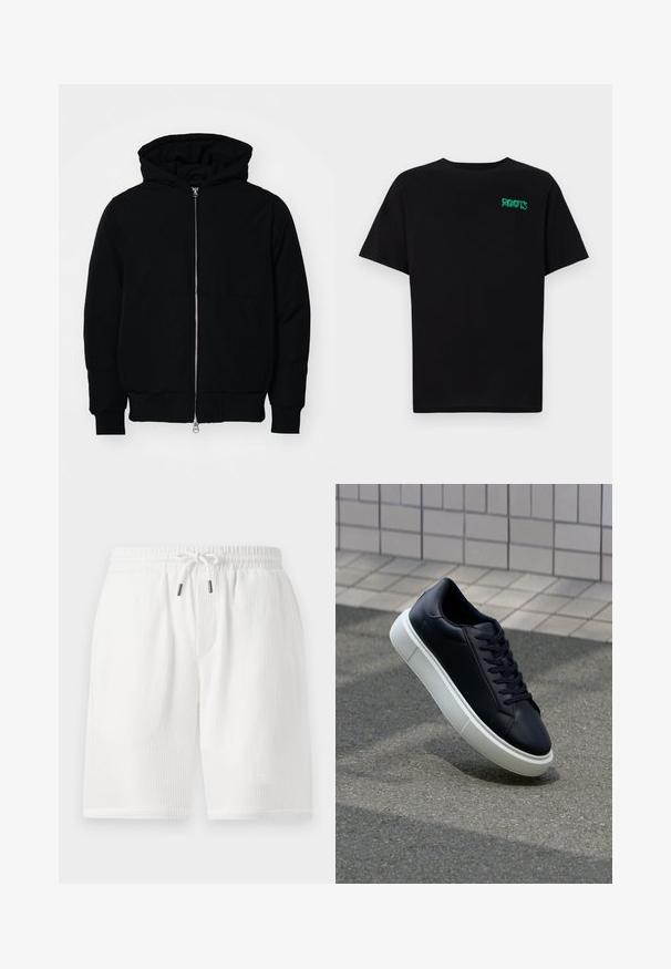 Black hooded jacket with front zipper, kangaroo pocket, ribbed cuffs, and hem, displayed on a plain white background.; Black t-shirt made of cotton with short sleeves. Features a green "ROOTS" logo on the front, round neckline, and standard fit.; White, textured shorts with an elastic waistband, drawstring closure, side pockets, and a relaxed fit. Suitable for casual wear.; Black leather sneaker with rounded toe and white rubber sole. Features flat laces and minimal stitching on the upper. Textured sole for grip.