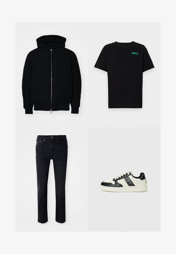 Melna kapucēta jaka ar priekšējo rāvējslēdzēju, kenguru kabatu, ribinātām aprocēm un apakšmalu, parādīta uz vienkārša balta fona.; Melna kokvilnas t-kreka ar īsām piedurknēm. Uz priekšu ir zaļa "ROOTS" logo, apaļa kakla izgriezums un standarta piegriezums.; Melni džinsi ar taisnu kāju dizainu, kuriem ir piecas kabatas, rāvējslēdzēja slēgšana un metāla elementi, iegūstot gludu tekstūru.; Ādas sporta apavi ar melnbaltu krāsu shēmu, ar perforētiem akcentiem, mīkstinātu apkakli un teksturētu zoli.