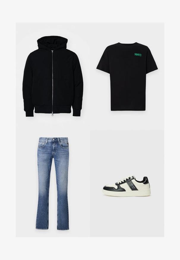 Fekete kapucnis dzseki elülső cipzárral, kenguruzsebbel, bordázott mandzsettákkal és aba, egy sima fehér háttér előtt.; Fekete, pamutból készült póló rövid ujjakkal. Elöl zöld "ROOTS" logóval, kerek nyakkivágással és normál szabással.; Világoskék farmernadrág, csepp szabású lábbal, öt zsebbel, elülső gombos zárással és finom kopással az egész anyagon.; Fekete és krém színű bőrsneaker, perforált díszítésekkel, párnázott bokapánttal és texturált talppal.