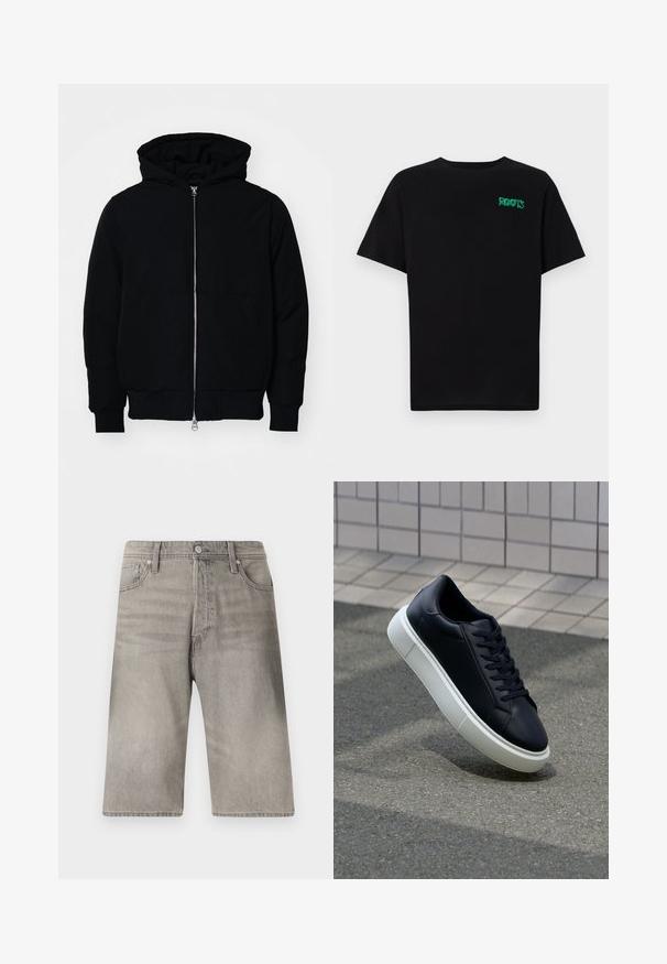 Jachetă neagră cu glugă, cu fermoar în față, buzunar tip kangaroo, mansete și tiv ribbed, prezentată pe un fundal alb simplu.; Tricou negru din bumbac, cu mâneci scurte. Prezintă un logo verde "ROOTS" pe față, guler rotund și o potrivire standard.; Pantaloni scurți din denim gri cu croială dreaptă, având închidere cu nasturi, cinci buzunare și o decolorare subtilă pe țesătură.; Tenis cu piele neagră, cu vârful rotund și talpă din cauciuc alb. Are șireturi plate și cusături minime pe suprafață. Tălpile texturate oferă aderență.