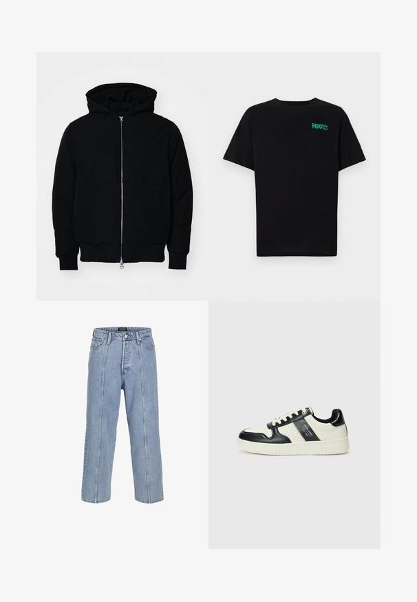 Černá kapucňová bunda s předním zipem, klokaní kapsou, vroubkovanými manžetami a spodním lemem, vystavená na čistém bílém pozadí.; Černé tričko vyrobené z bavlny s krátkým rukávem. Na přední straně se nachází zelené logo "ROOTS", kulatý výstřih a standardní střih.; Světle modré džíny z denimu s volným střihem, širokými nohavicemi a viditelnými švy. Obsahují zapínání na knoflík a zip, pět kapes.; Kožené tenisky s černobílou barevnou kombinací, které mají perforované detaily, polstrovaný límec a texturovanou podrážku.