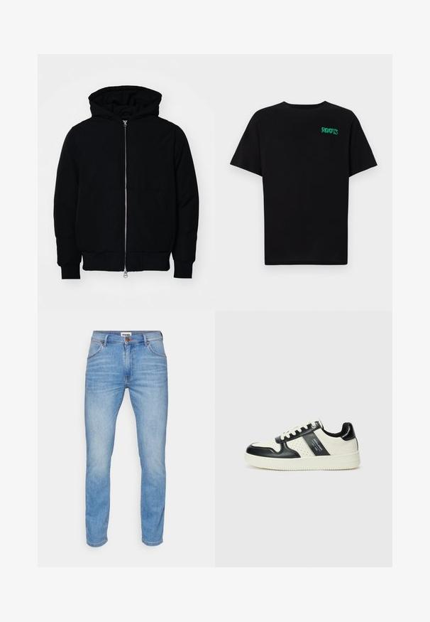 Svart huoodiejacka med framdragkedja, känguruficka, ribbade ärmslut och nederkant, uppställd mot en vit bakgrund.; Svart t-shirt i bomull med korta ärmar. Har en grön "ROOTS" logotyp på framsidan, rund halsringning och standard passform.; Ljusblå denimjeans med rak benpassform, med dragkedja, fem fickor och en brun läderlogotyp på baksidan av midjan.; Läder sneakers med en svart och krämfärgad färgsättning, med perforerade detaljer, en vadderad krage och en strukturerad yttersula.