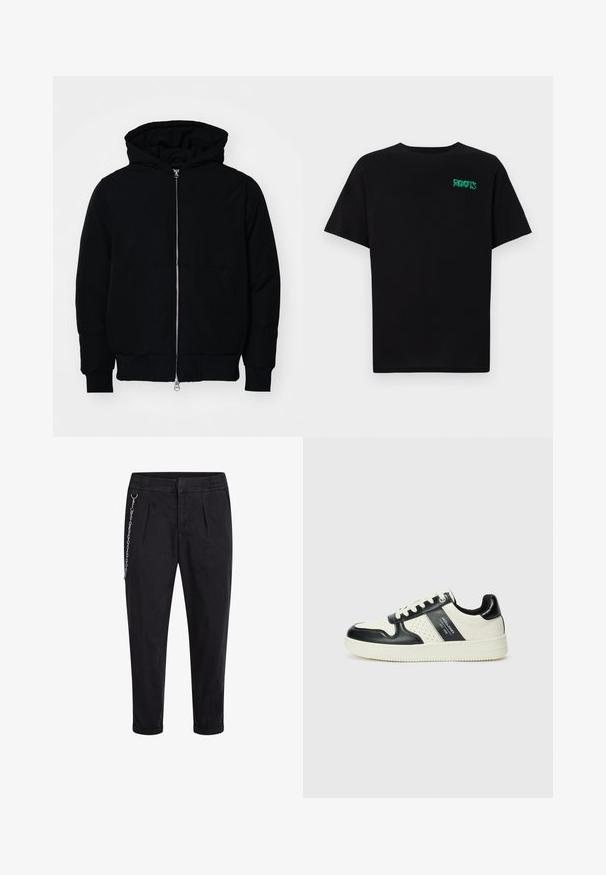 Black hooded jacket with front zipper, kangaroo pocket, ribbed cuffs, and hem, displayed on a plain white background.; Black t-shirt made of cotton with short sleeves. Features a green "ROOTS" logo on the front, round neckline, and standard fit.; Black trousers with an elastic waistband, featuring front pleats and a silver chain accent on the left side. Cotton blend fabric.; Leather sneakers with a black and cream color scheme, featuring perforated accents, a padded collar, and a textured outsole.