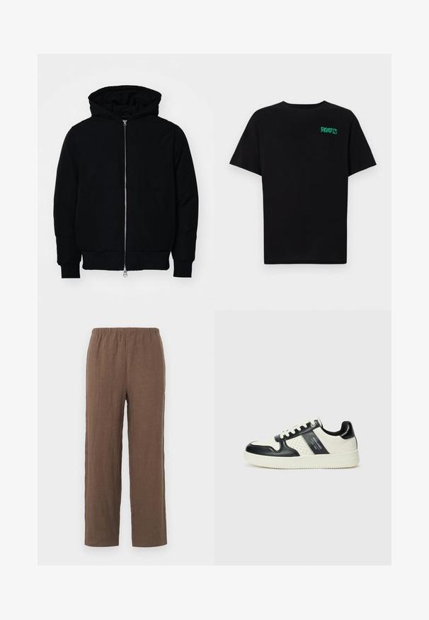 Giacca nera con cappuccio, dotata di zip frontale, tasca a marsupio, polsini e orlo a coste, esposta su uno sfondo bianco semplice.; T-shirt nera in cotone con maniche corte. Presenta un logo verde "ROOTS" sulla parte frontale, colletto rotondo e vestibilità standard.; Pantaloni in lino marrone con vestibilità rilassata, dotati di un elastico in vita morbido e gambe dritte, texture liscia e dettagli minimi.; Sneakers in pelle con una combinazione di colori nero e crema, dotati di dettagli perforati, collare imbottito e suola testurizzata.
