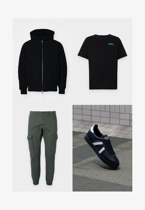 Svart hettejakke med frontglidelås, kengurulomme, ribbestrikket mansjetter og søm, vist på en ensfarget hvit bakgrunn.; svart t-skjorte laget av bomull med korte ermer. Har et grønt "ROOTS"-logo på forsiden, rund halsutringning og standard passform.; Jack & Jones JPSTPAUL FLAKE - Cargobukse - urban chic; Sorte lærersneaker med hvite striper, teksturert gummihæl og snøring foran. Har et merketikett på tungen.