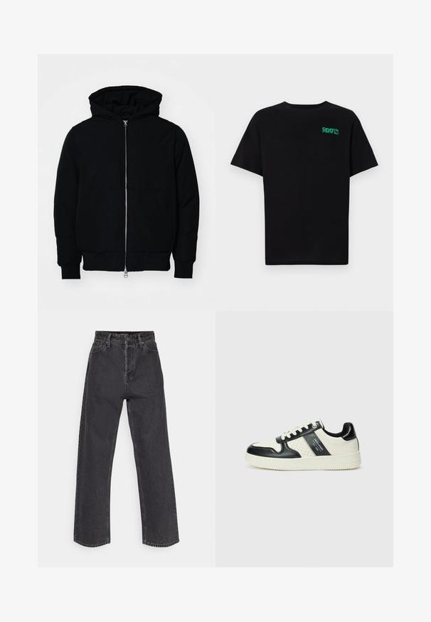 Svart hettejakke med frontglidelås, kengurulomme, ribbestrikket mansjetter og søm, vist på en ensfarget hvit bakgrunn.; svart t-skjorte laget av bomull med korte ermer. Har et grønt "ROOTS"-logo på forsiden, rund halsutringning og standard passform.; Høyt liv, rette jeans i mørkegrå denim, med klassisk fem-lomme-design og kontraststing på sømmene.; Lædersneakers med sort og creme farveskema, der har perforerede detaljer, en polstret krave og en struktureret ydersål.
