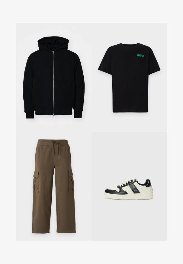 Zwarte hoodie met rits aan de voorkant, kangoeroe-pocket, geribbelde manchetten en zoom, weergegeven op een effen witte achtergrond.; Zwarte T-shirt van katoen met korte mouwen. Heeft een groen "ROOTS" logo op de voorkant, een ronde halslijn en een standaard pasvorm.; Cargo broeken met een elastische tailleband, koord en twee zijzakken. Gemaakt van een zachte, bruine stof met een ontspannen, wijde pasvorm.; Leren sneakers met een zwart en crèmekleurig kleurenschema, voorzien van geperforeerde accenten, een gevoerde kraag en een gestructureerde buitenzool.
