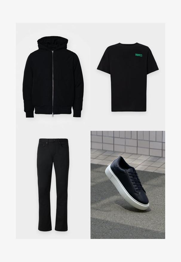 Crna kapuška jakna s prednjim zatvaračem, kenguru džepom, rebrastim manžetama i rubom, prikazana na običnoj bijeloj pozadini.; Crna majica kratkih rukava od pamuka. Na prednjem dijelu se nalazi zeleni "ROOTS" logo, okrugli izrez i standardni kroj.; Crne traperice od denima s ravnim krojem, dizajnom s pet džepova, kontrastnim šavovima i metalnim dodacima. Glatka tekstura, klasičan stil.; Crne kožne tenisice s zaobljenim vrhom i bijelim gumiranim potplatom. Imaju ravne vezice i minimalno šivanje na gornjem dijelu. Teksturirani potplat za bolje prianjanje.