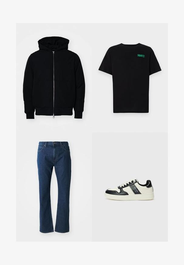 Giacca nera con cappuccio, dotata di zip frontale, tasca a marsupio, polsini e orlo a coste, esposta su uno sfondo bianco semplice.; T-shirt nera in cotone con maniche corte. Presenta un logo verde "ROOTS" sulla parte frontale, colletto rotondo e vestibilità standard.; Jeans in denim blu scuro con taglio dritto, chiusura frontale con bottone e zip, passanti per cintura e tasche anteriori e posteriori.; Sneakers in pelle con una combinazione di colori nero e crema, dotati di dettagli perforati, collare imbottito e suola testurizzata.