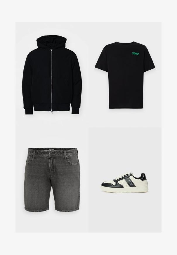 Melna kapucēta jaka ar priekšējo rāvējslēdzēju, kenguru kabatu, ribinātām aprocēm un apakšmalu, parādīta uz vienkārša balta fona.; Melna kokvilnas t-kreka ar īsām piedurknēm. Uz priekšu ir zaļa "ROOTS" logo, apaļa kakla izgriezums un standarta piegriezums.; Melni denim šorti ar klasisku piecu kabatu dizainu, pogu aizdari un šuvju akcentiem. Izgatavoti no izturīgas kokvilnas materiāla.; Ādas sporta apavi ar melnbaltu krāsu shēmu, ar perforētiem akcentiem, mīkstinātu apkakli un teksturētu zoli.