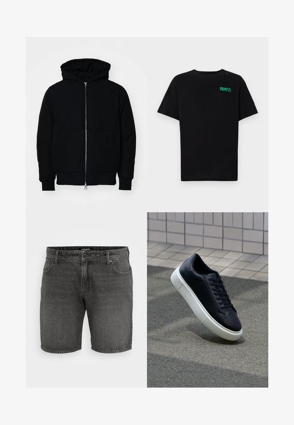 Črna kapuca jakna s sprednjim zadrgo, kenguru žepom, rebrastimi manšetami in hemom, razstavljena na enostavni beli ozadju.; Črna majica iz bombaža z kratkimi rokavi. Na sprednji strani ima zeleno logotip "ROOTS", okroglo ovratnico in standardno prileganje.; Črne jeans kratke hlače z klasičnim pet-pocket dizajnom, gumbom za zapiranje in kontrastnimi šivi. Narejene iz trpežnega bombažnega materiala.; Črne usnjene superge z zaobljenim prstom in belim gumijastim podplat. Imajo ravne vezalke in minimalno šivanje na zgornjem delu. Teksturirani podplat za oprijem.