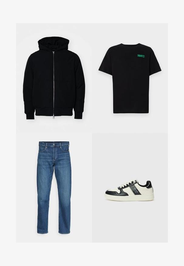 Svart hettejakke med frontglidelås, kengurulomme, ribbestrikket mansjetter og søm, vist på en ensfarget hvit bakgrunn.; svart t-skjorte laget av bomull med korte ermer. Har et grønt "ROOTS"-logo på forsiden, rund halsutringning og standard passform.; Blå denim jeans med rett benkutt, med en fem-lomme design, front knappelukking og lett falming for tekstur.; Lædersneakers med sort og creme farveskema, der har perforerede detaljer, en polstret krave og en struktureret ydersål.