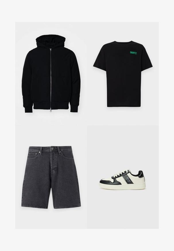 Svart hettejakke med frontglidelås, kengurulomme, ribbestrikket mansjetter og søm, vist på en ensfarget hvit bakgrunn.; svart t-skjorte laget av bomull med korte ermer. Har et grønt "ROOTS"-logo på forsiden, rund halsutringning og standard passform.; Dongerishorts i mørkegrått med rett snitt. Funksjoner inkluderer to frontlommer, en baklomme, og metallknappelukking.; Lædersneakers med sort og creme farveskema, der har perforerede detaljer, en polstret krave og en struktureret ydersål.