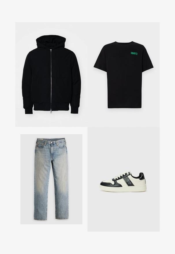 Fekete kapucnis dzseki elülső cipzárral, kenguruzsebbel, bordázott mandzsettákkal és aba, egy sima fehér háttér előtt.; Fekete, pamutból készült póló rövid ujjakkal. Elöl zöld "ROOTS" logóval, kerek nyakkivágással és normál szabással.; Világoskék farmernadrág, egyenes lábbal, öt zsebbel és látható varrással. Halványított mosás és sárgaréz részletek.; Fekete és krém színű bőrsneaker, perforált díszítésekkel, párnázott bokapánttal és texturált talppal.