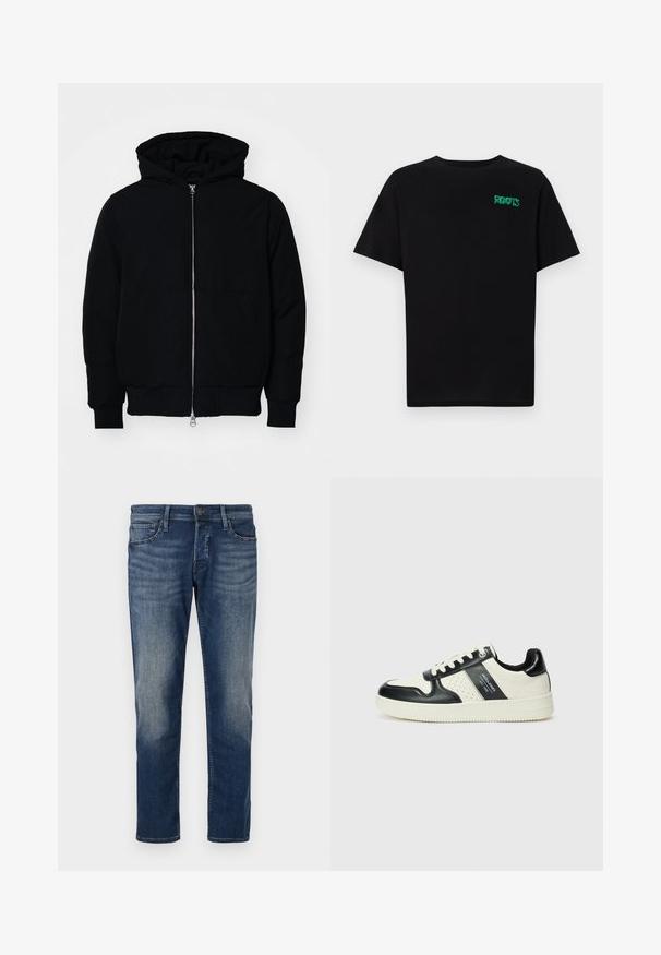 Fekete kapucnis dzseki elülső cipzárral, kenguruzsebbel, bordázott mandzsettákkal és aba, egy sima fehér háttér előtt.; Fekete, pamutból készült póló rövid ujjakkal. Elöl zöld "ROOTS" logóval, kerek nyakkivágással és normál szabással.; Sötétkék farmernadrág klasszikus szabással, öt zsebbel, finom kopással a combokon és egyenes szárú kialakítással. Fém gombos záródás.; Fekete és krém színű bőrsneaker, perforált díszítésekkel, párnázott bokapánttal és texturált talppal.