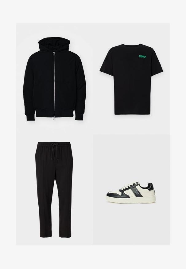 Jachetă neagră cu glugă, cu fermoar în față, buzunar tip kangaroo, mansete și tiv ribbed, prezentată pe un fundal alb simplu.; Tricou negru din bumbac, cu mâneci scurte. Prezintă un logo verde "ROOTS" pe față, guler rotund și o potrivire standard.; Only & Sons ONSSEJER PANT - Pantaloni - black; Tenisi din piele cu un scheme de culori negru și crem, dotati cu accente perforate, guler căptușit și o talpă texturată.