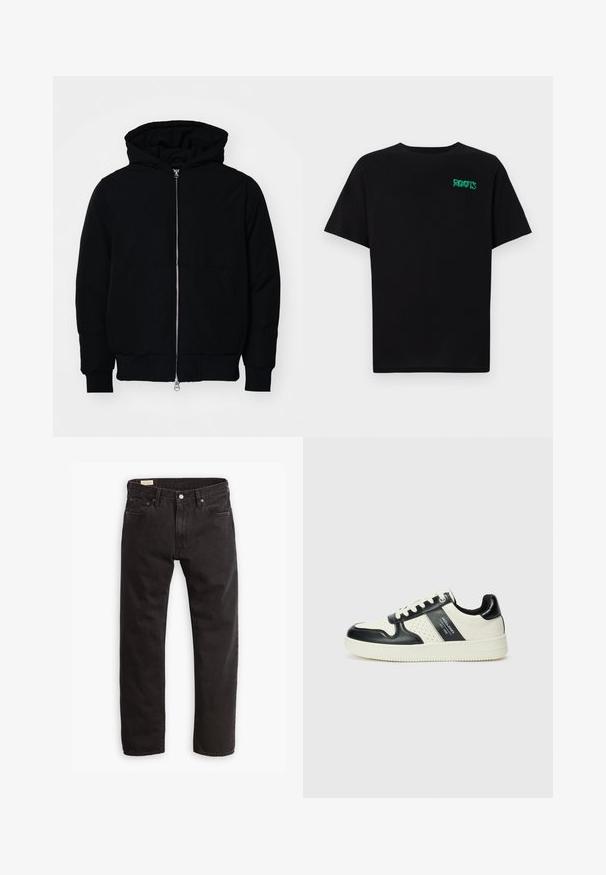 Svart hettejakke med frontglidelås, kengurulomme, ribbestrikket mansjetter og søm, vist på en ensfarget hvit bakgrunn.; svart t-skjorte laget av bomull med korte ermer. Har et grønt "ROOTS"-logo på forsiden, rund halsutringning og standard passform.; Svarte denimjeans med rett benkutt, med en klassisk fem-lomme-design, subtil søm og metallknapp-lukking.; Lædersneakers med sort og creme farveskema, der har perforerede detaljer, en polstret krave og en struktureret ydersål.