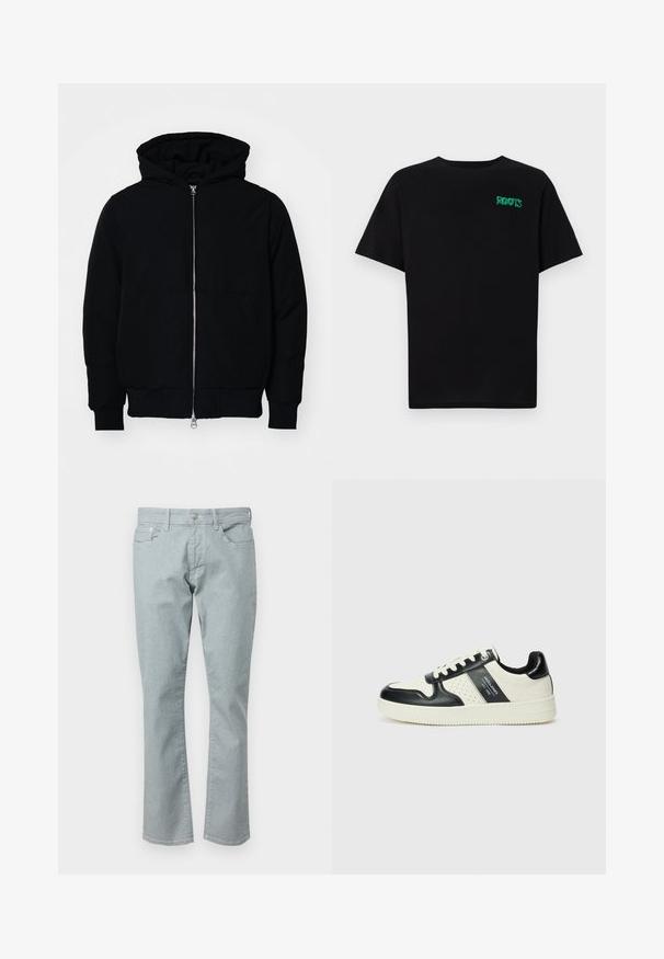 Svart huoodiejacka med framdragkedja, känguruficka, ribbade ärmslut och nederkant, uppställd mot en vit bakgrund.; Svart t-shirt i bomull med korta ärmar. Har en grön "ROOTS" logotyp på framsidan, rund halsringning och standard passform.; Ljust blå denimjeans med rak passform, fem fickor, dragkedja och en subtil textur. Har bältesöglor och kontrasterande sömnad.; Läder sneakers med en svart och krämfärgad färgsättning, med perforerade detaljer, en vadderad krage och en strukturerad yttersula.