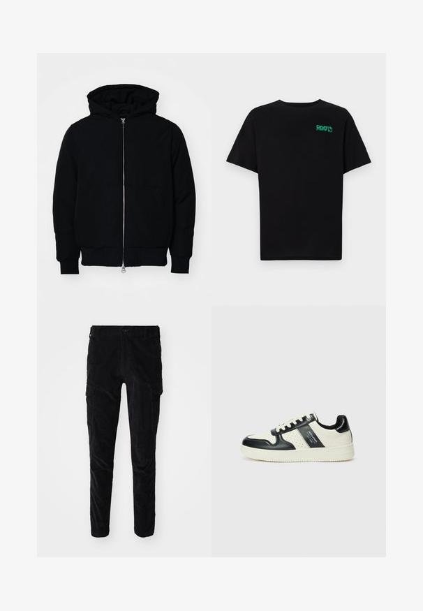Crna kapuška jakna s prednjim zatvaračem, kenguru džepom, rebrastim manžetama i rubom, prikazana na običnoj bijeloj pozadini.; Crna majica kratkih rukava od pamuka. Na prednjem dijelu se nalazi zeleni "ROOTS" logo, okrugli izrez i standardni kroj.; Crne kordura hlače uskog kroja, s cargo džepovima sa strane i glatkom teksturom. Završene standardnim dugmetom i patentnim zatvaračem.; Kožne tenisice s crno-bijelom paletom boja, koje imaju perforirane akcentne detalje, podstavljeni ovratnik i teksturiranu potplat.