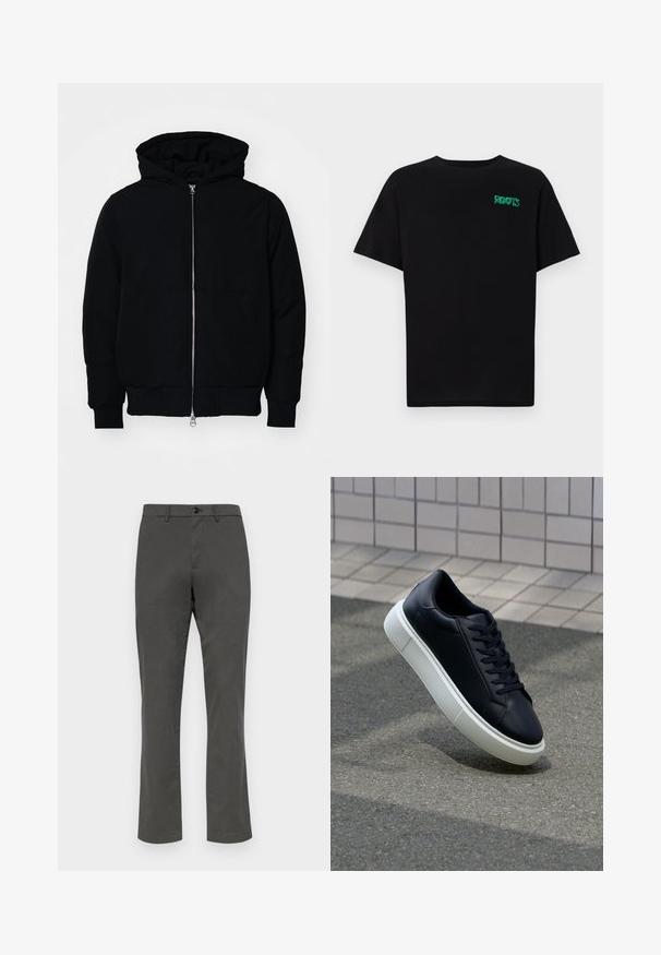 Juodas gobtuvėlis su priekiniu užtrauktuku, kengūros tipo kišene, lygiais rankogaliais ir apvadu, pateiktas ant vientiso balto fono.; Juodas medvilninis marškinėliai trumpomis rankovėmis. Priekyje yra žalias „ROOTS“ logotipas, apvalus iškirpimas ir standartinė prigludimo forma.; GAP SLIM PERFORMANCE STRETCH - Chino stiliaus kelnės - soft black; Juodas odinis sportbačius su apvaliu pirštu ir baltu gumuotu padu. Turi plokščias raišteles ir minimalų siuvimą viršuje. Padangos tekstūra užtikrina sukibimą.