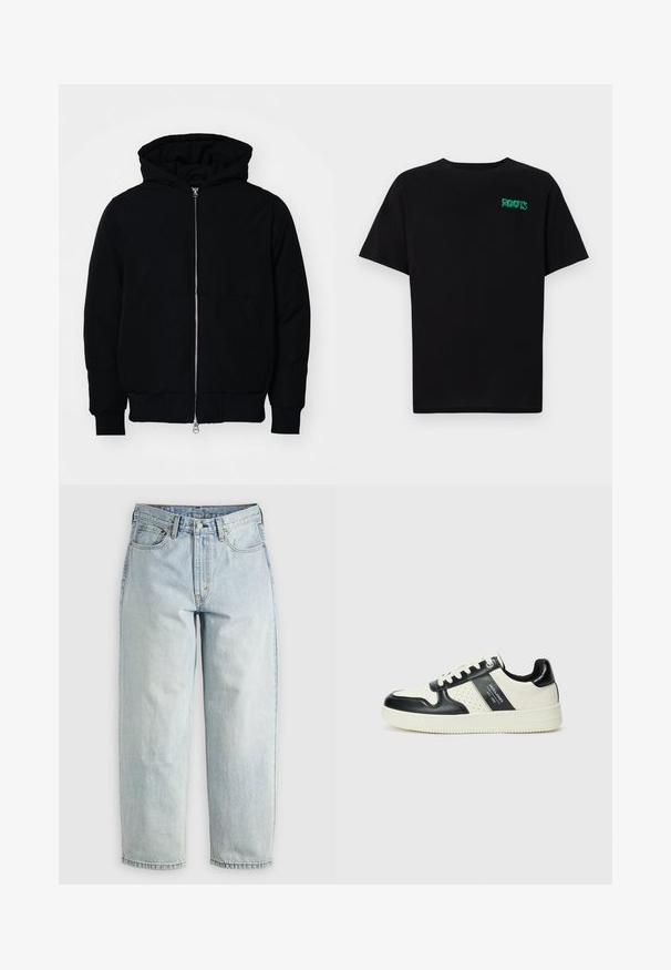 Black hooded jacket with front zipper, kangaroo pocket, ribbed cuffs, and hem, displayed on a plain white background.; Black t-shirt made of cotton with short sleeves. Features a green "ROOTS" logo on the front, round neckline, and standard fit.; Light blue denim jeans with a straight leg, five pockets, and a button-fly closure; features faded areas and subtle stitching details.; Leather sneakers with a black and cream color scheme, featuring perforated accents, a padded collar, and a textured outsole.