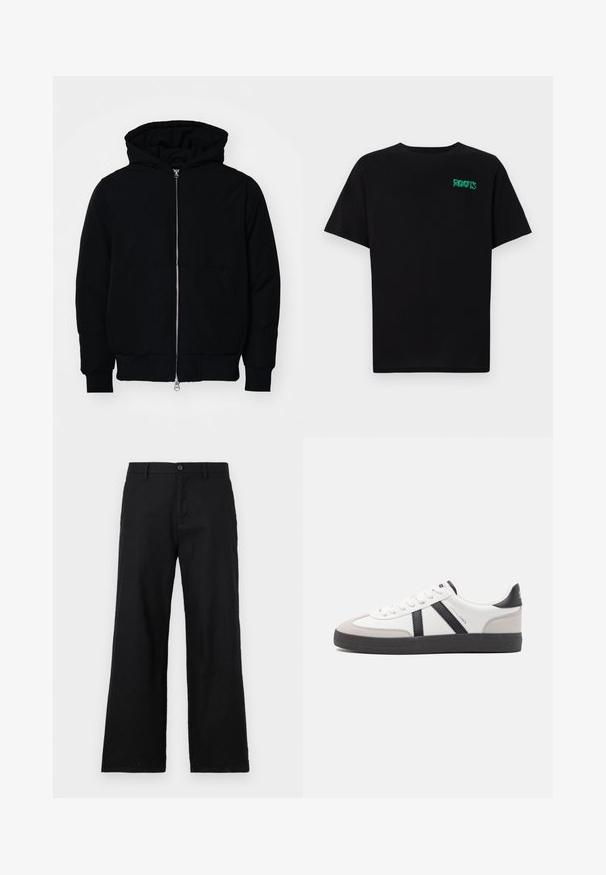 Black hooded jacket with front zipper, kangaroo pocket, ribbed cuffs, and hem, displayed on a plain white background.; Black t-shirt made of cotton with short sleeves. Features a green "ROOTS" logo on the front, round neckline, and standard fit.; Black straight-leg pants made from cotton, featuring a button closure and belt loops. Smooth texture with no visible patterns or accents.; White sneaker with black and gray accents, featuring a textured gray toe cap, black rubber sole, and flat white laces. Clean design, minimalist style.