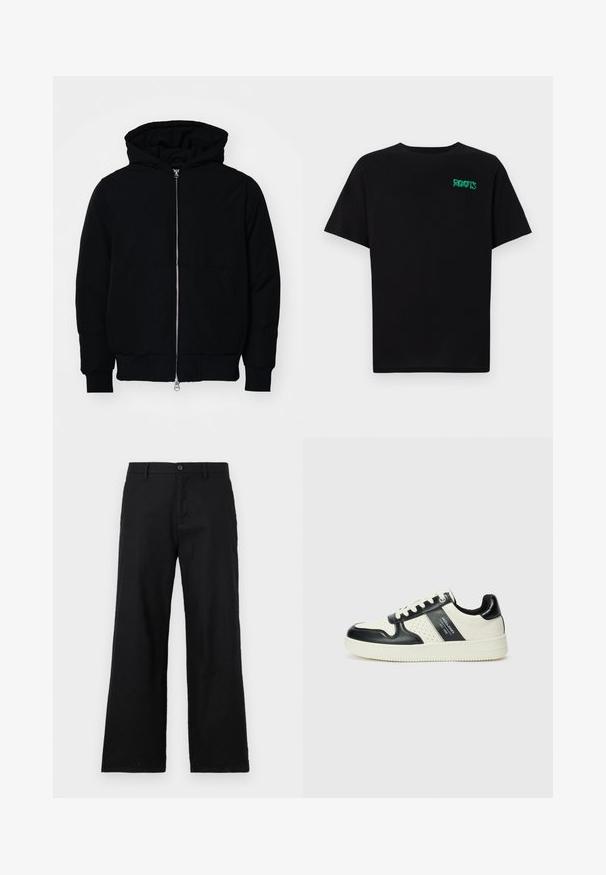 Veste à capuche noire avec fermeture éclair sur le devant, poche kangourou, poignets et ourlet côtelés, présentée sur un fond blanc uni.; T-shirt noir en coton à manches courtes. Présente un logo "ROOTS" vert sur le devant, un col rond et une coupe standard.; Pantalon noir à jambe droite en coton, doté d'une fermeture à bouton et de passants de ceinture. Texture lisse sans motifs ni accents visibles.; Baskets en cuir avec un schéma de couleurs noir et crème, dotées d'accents perforés, d'un col rembourré et d'une semelle texturée.