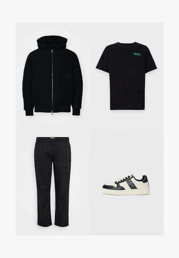Mustat huppu-untuvatakki, jossa on vetoketju edessä, kenguru-tasku, ribatut hihansuut ja helma, esillä yksinkertaisella valkoisella taustalla.; Mustat t-paidat, jotka on valmistettu puuvillasta ja joissa on lyhyet hihat. Edessä vihreä "ROOTS"-logo, pyöreä kaula-aukko ja normaali istuvuus.; Jack & Jones JPSTBILL WILLIAM WORKER - Housut - black; Nahkakengät musta-kerma värimaailmassa, joissa on rei'itetyt yksityiskohdat, pehmustettu nilkkaosa ja teksturoitu pohja.