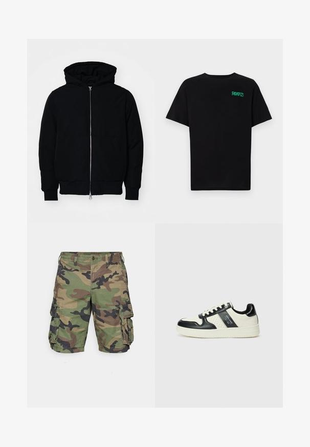 Juodas gobtuvėlis su priekiniu užtrauktuku, kengūros tipo kišene, lygiais rankogaliais ir apvadu, pateiktas ant vientiso balto fono.; Juodas medvilninis marškinėliai trumpomis rankovėmis. Priekyje yra žalias „ROOTS“ logotipas, apvalus iškirpimas ir standartinė prigludimo forma.; Žalie, rudi ir juodi kamufliažiniai šortai. Pagaminti iš lengvos medžiagos, turi šonines kišenes ir mygtukų užsegimą, pasižymi laisvu siluetu.; Odiniai sportbačiai juodos ir kreminės spalvų schemoje, su perforuotais akcentais, paminkštinta apykakle ir tekstūruotu padu.