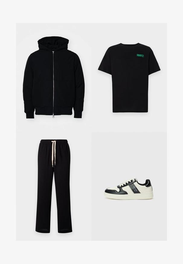 Crna kapuška jakna s prednjim zatvaračem, kenguru džepom, rebrastim manžetama i rubom, prikazana na običnoj bijeloj pozadini.; Crna majica kratkih rukava od pamuka. Na prednjem dijelu se nalazi zeleni "ROOTS" logo, okrugli izrez i standardni kroj.; Crne hlače na vezanje s elastičnom trakom u struku, s kontrastnim kremastim vezicom. Ravan kroj s glatkom teksturom.; Kožne tenisice s crno-bijelom paletom boja, koje imaju perforirane akcentne detalje, podstavljeni ovratnik i teksturiranu potplat.