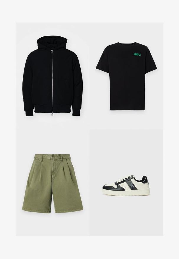Svart hettejakke med frontglidelås, kengurulomme, ribbestrikket mansjetter og søm, vist på en ensfarget hvit bakgrunn.; svart t-skjorte laget av bomull med korte ermer. Har et grønt "ROOTS"-logo på forsiden, rund halsutringning og standard passform.; Kaki shorts med frontfolder, laget av bomullsblandingsstoff. Har beltesløyfer og knappelukking, med rett ben og ren kant.; Lædersneakers med sort og creme farveskema, der har perforerede detaljer, en polstret krave og en struktureret ydersål.