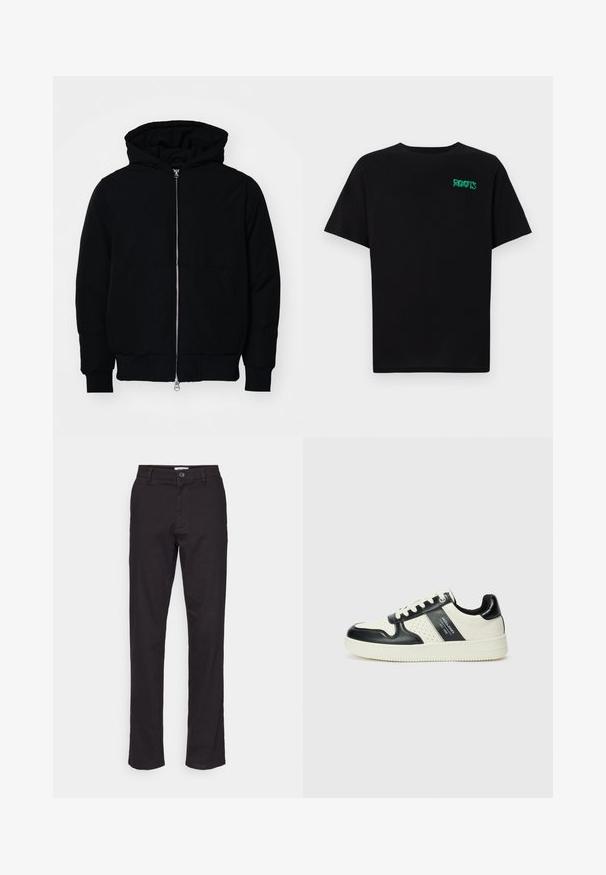 Crna kapuška jakna s prednjim zatvaračem, kenguru džepom, rebrastim manžetama i rubom, prikazana na običnoj bijeloj pozadini.; Crna majica kratkih rukava od pamuka. Na prednjem dijelu se nalazi zeleni "ROOTS" logo, okrugli izrez i standardni kroj.; Crne pamučne hlače ravnog kroja, s prednjim kopčanjem na dugme i bočnim džepovima. Glatka tekstura i minimalni detalji.; Kožne tenisice s crno-bijelom paletom boja, koje imaju perforirane akcentne detalje, podstavljeni ovratnik i teksturiranu potplat.