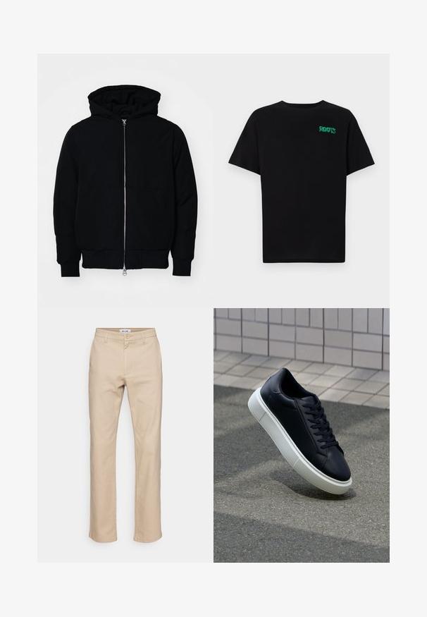 Juodas gobtuvėlis su priekiniu užtrauktuku, kengūros tipo kišene, lygiais rankogaliais ir apvadu, pateiktas ant vientiso balto fono.; Juodas medvilninis marškinėliai trumpomis rankovėmis. Priekyje yra žalias „ROOTS“ logotipas, apvalus iškirpimas ir standartinė prigludimo forma.; Bežiniai medvilniniai kelnių su tiesiu šonu dizainu, su mygtuko užsegimu, diržo kilpom ir šoninėmis kišenėmis. Lygi tekstūra.; Juodas odinis sportbačius su apvaliu pirštu ir baltu gumuotu padu. Turi plokščias raišteles ir minimalų siuvimą viršuje. Padangos tekstūra užtikrina sukibimą.