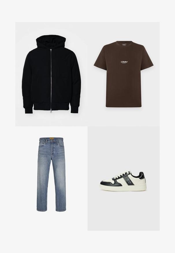 Czarna kurtka z kapturem, z suwakiem z przodu, kieszenią kangurką, ściągaczami przy mankietach i dolnym brzegu, prezentowana na jednolitym białym tle.; Brązowa bawełniana koszulka z krótkim rękawem, okrągłym dekoltem i małym białym logo na piersi. Gładka tekstura i regularny krój.; Jasnoniebieskie dżinsy o prostym kroju wykonane z denimu, z wyblakłym wykończeniem, pięcioma kieszeniami, szlufkami na pasek oraz zapięciem na zamek błyskawiczny z guzikem.; Skórzane sneakersy w czarno-kremowym schemacie kolorystycznym, z perforowanymi akcentami, wyściełanym kołnierzem i teksturowaną podeszwą.
