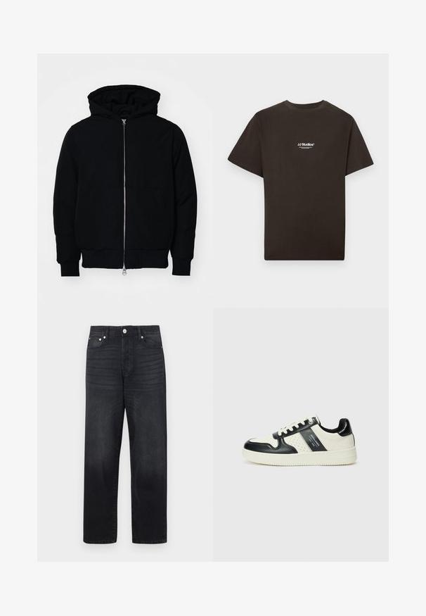 Veste à capuche noire avec fermeture éclair sur le devant, poche kangourou, poignets et ourlet côtelés, présentée sur un fond blanc uni.; T-shirt en coton noir à manches courtes et col rond, avec le logo "JJ Studios" en blanc au centre devant. Texture lisse.; Jean en denim noir avec une coupe droite, design à cinq poches, fermeture à bouton en métal et décoloration subtile du tissu.; Baskets en cuir avec un schéma de couleurs noir et crème, dotées d'accents perforés, d'un col rembourré et d'une semelle texturée.